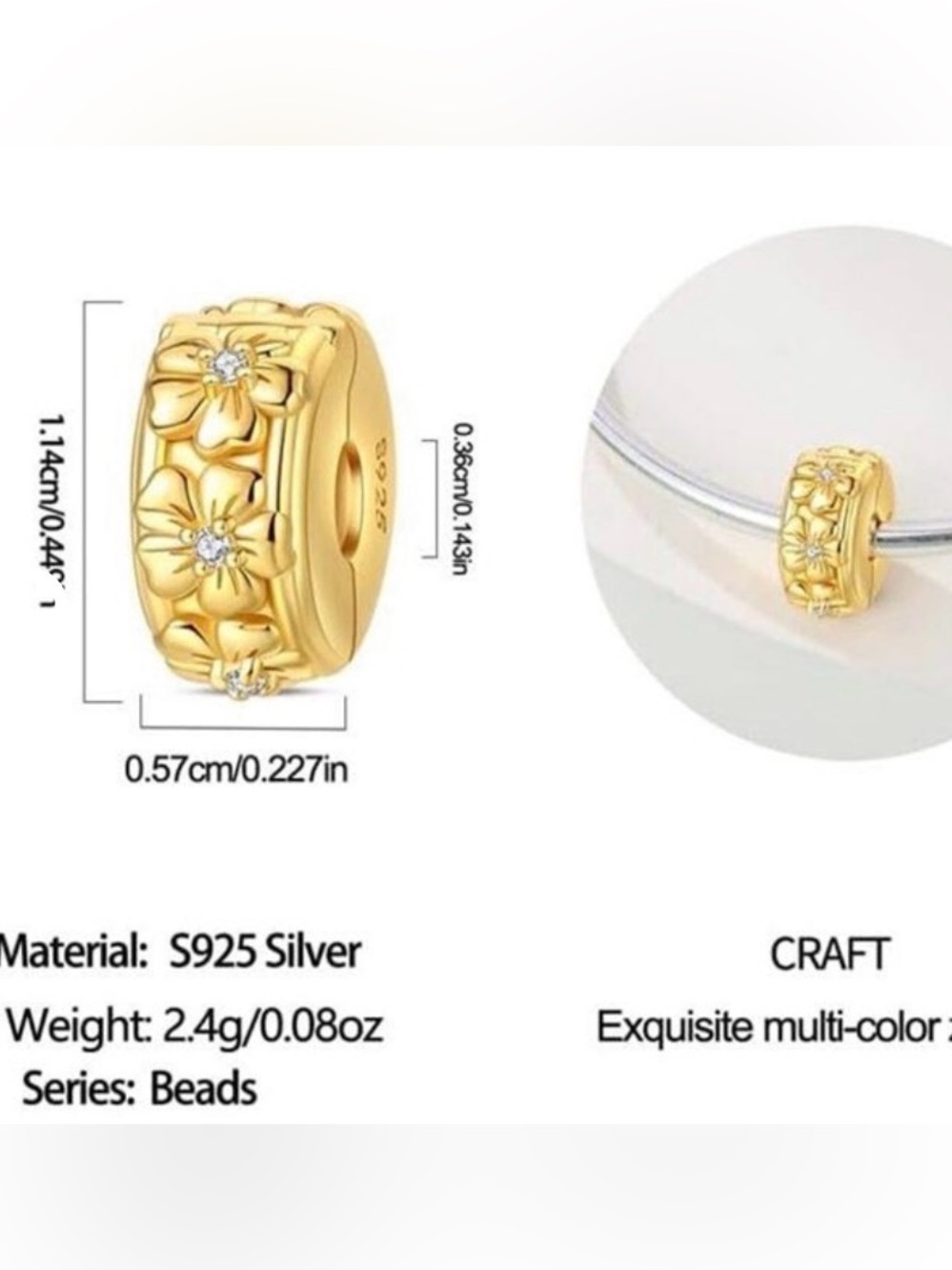 Golden Floral Blossom with Crystal Accents Clip Charm 925